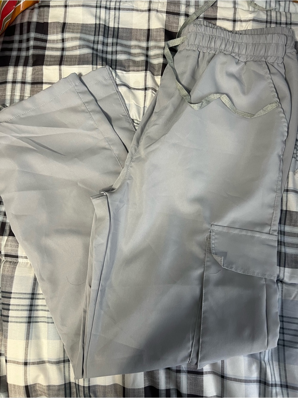 Women's Gray Cargo Pants with Elastic Waist and Drawstring